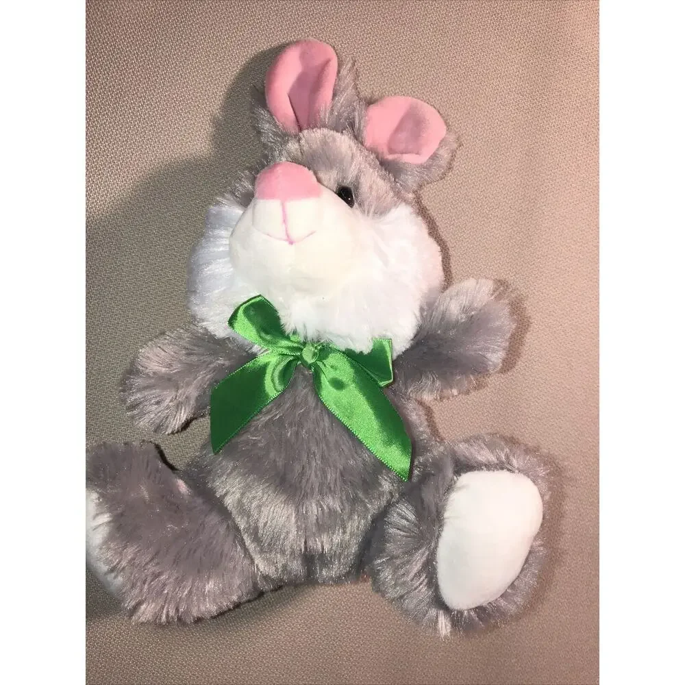 American Greetings Easter Gray Bunny Rabbit Green Bow 11